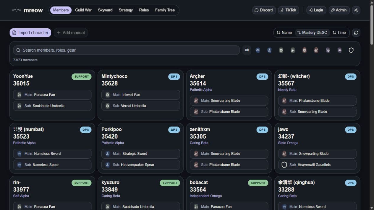 Mreow live guild operations interface